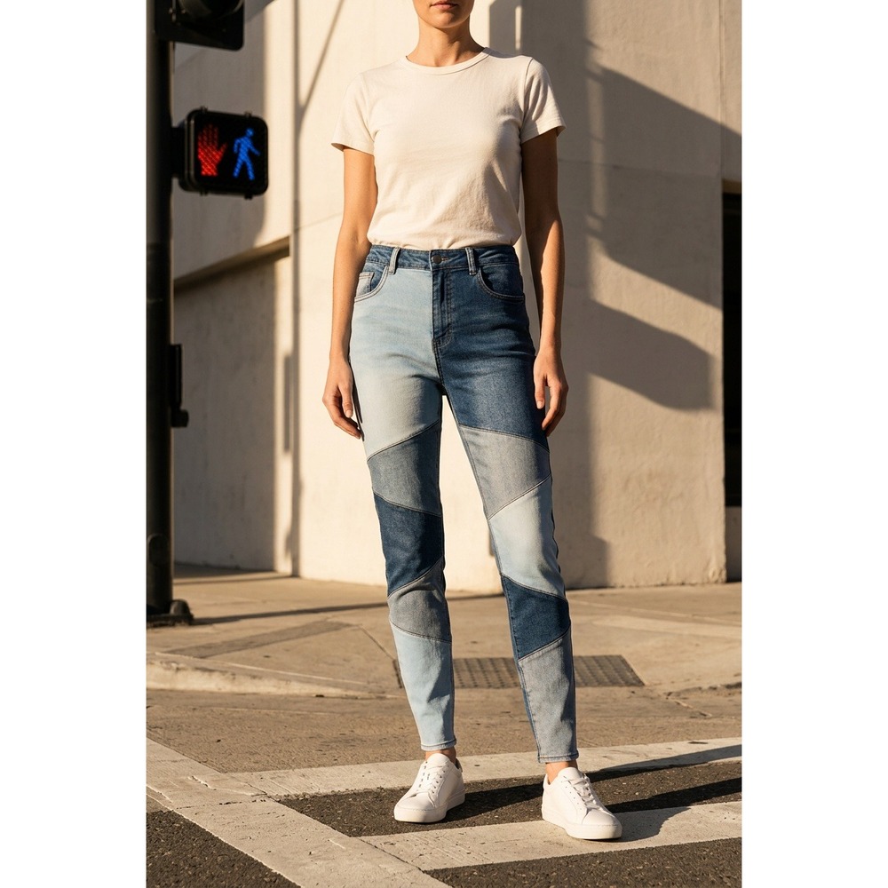 American Bazi Women Patchwork Jeans Multi Tone Blue Denim Lg Streetwear Y2K Edgy
